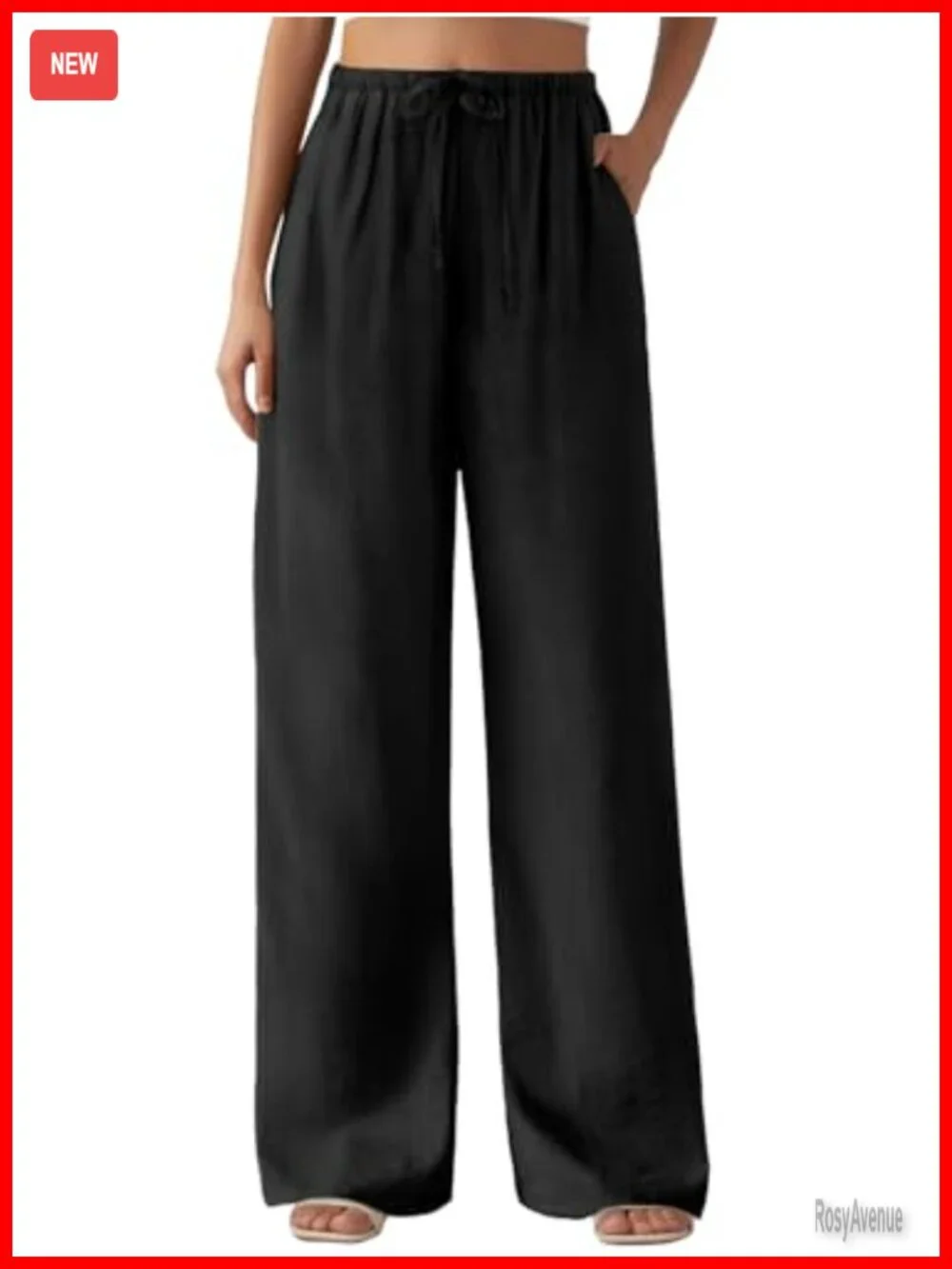 Casual Pants Drawstring Elastic Waist Flowy Wide Leg Beach Trousers with Pockets
